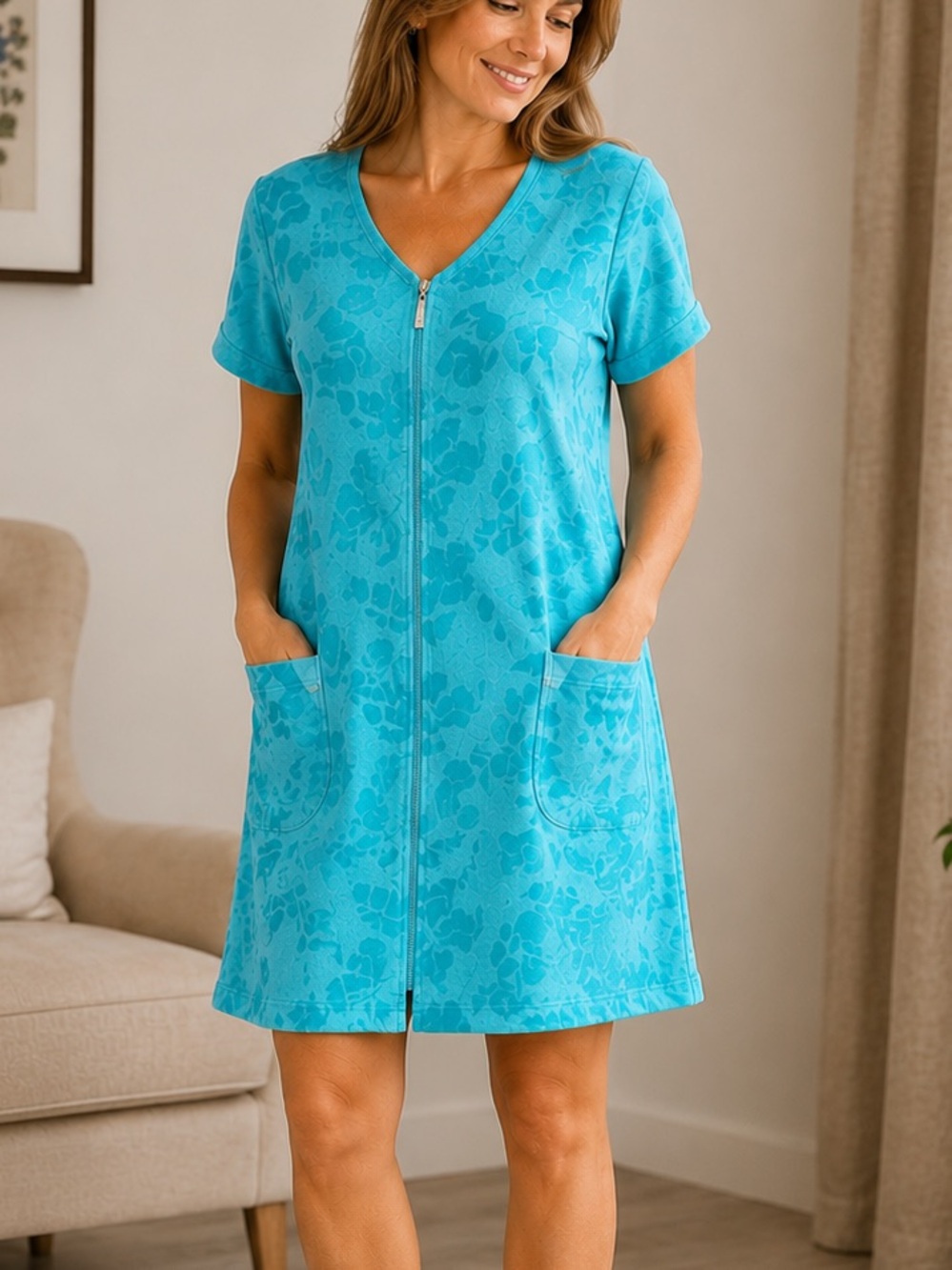 Jasmine Rose Blue Zip Front House Dress M NWT Terry Floral Lounge Robe